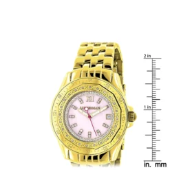 Yellow Gold Plated Ladies Diamond Pink MOP Watch By Luxurman 0.25ct -PNZ Watches Shop yellow gold plated ladies diamond pink mop watch by luxurman 025ct ruler
